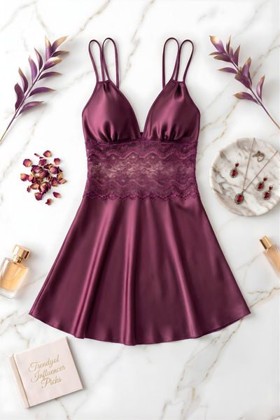 QKK Νυχτικό από σατέν με δαντέλα στη μέση - Κομψό και άνετο νυχτικό