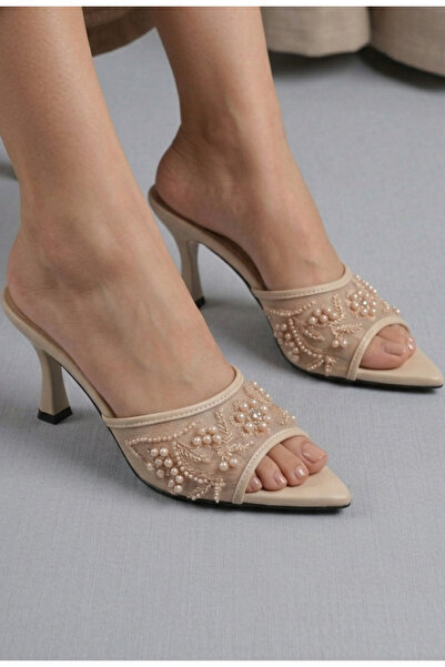 ŞAH Δαντελένιες παντόφλες βραδινού φορέματος με λεπτομέρεια από δέρμα και χάν...