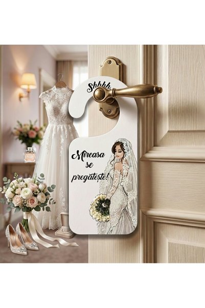 Bello Carino High quality decoration products Set 2 agățătoare pentru clanță – Mire și Mireasă – "Shhh... Mirele/Mireasa se pregătește!", 9 x 20 cm