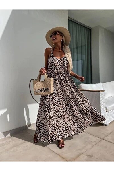 MEKs Women's Strappy Round Neck Wide Cut Leopard Print Long Single Jersey Dress
