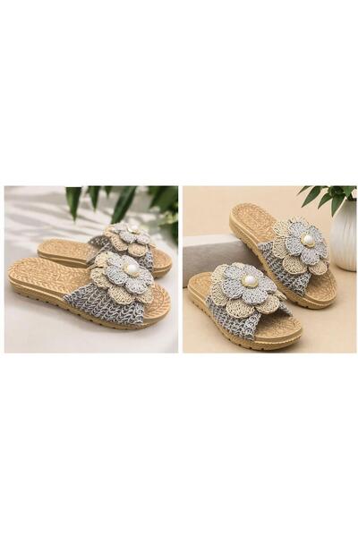 PAPUCUMUN DÜNYASI Γυναικείες Ψάθινες Παντόφλες με Λουλούδια - Παντόφλες Εξωτε...