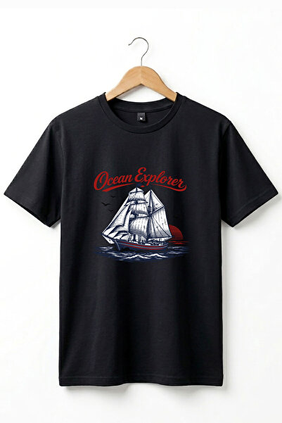onsrawear Tricou de bază din bumbac, unisex, vintage, cu model de navă cu pân...