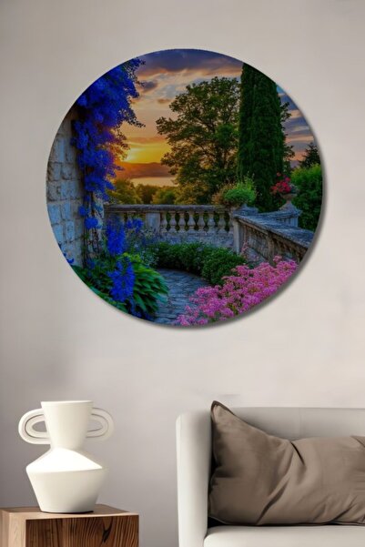 Teona Ahşap Στρογγυλό Ξύλινο Διακοσμητικό Τραπέζι με Ακουαρέλα Αγραφικής Τέχν...