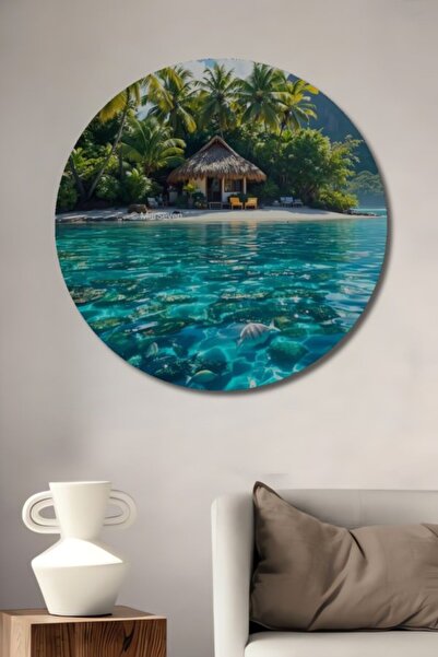 Teona Ahşap Στρογγυλό Ξύλινο Διακοσμητικό Τραπέζι με Εκτύπωση Tropical Paradi...