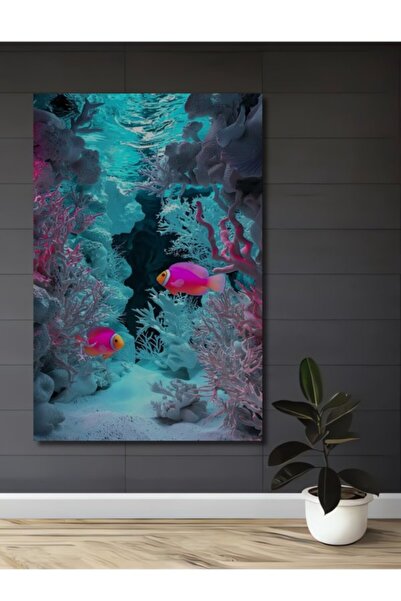 Teona Ahşap Πολύχρωμο Ξύλινο Διακοσμητικό Πίνακα Τέχνης Ψαριών από τις Κοραλλ...