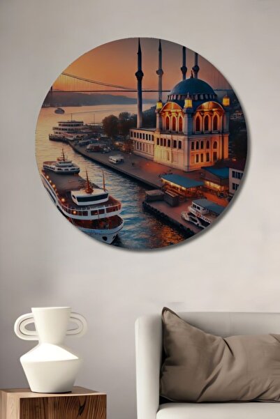 Teona Ahşap Στρογγυλό Ξύλινο Διακοσμητικό Τραπέζι με Ελαιογραφία σε Στυλ Πνευ...