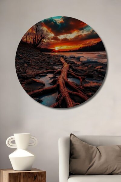 Teona Ahşap Στρογγυλό Ξύλινο Διακοσμητικό Τραπέζι με Κόκκινες Ρίζες Ηλιοβασιλ...