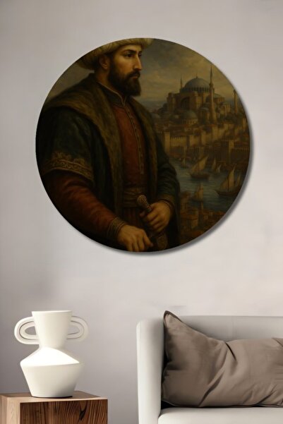 Teona Ahşap Στρογγυλό Ξύλινο Διακοσμητικό Τραπέζι με Ελαιογραφία Φατίχ Σουλτά...