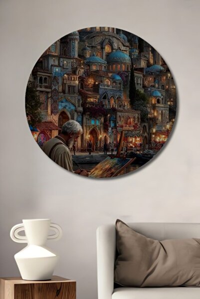 Teona Ahşap Στρογγυλό Ξύλινο Διακοσμητικό Πίνακα με Ελαιογραφία σε Στυλ Ιστορ...