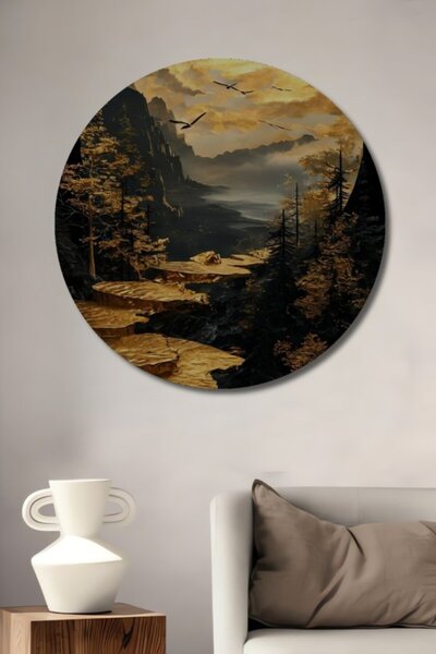 Teona Ahşap Στρογγυλό Ξύλινο Διακοσμητικό Τραπέζι με Ελαιογραφία Τοπίου Δάσου...