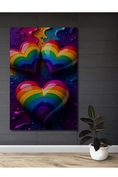 Teona Ahşap Διακοσμητικός Ξύλινος Πίνακας με Ελαιογραφία Καρδιές Ουράνιου Τόξ...