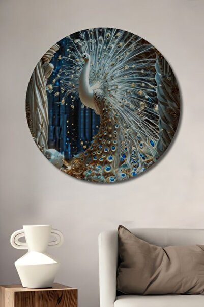 Teona Ahşap Στρογγυλό Ξύλινο Διακοσμητικό Πίνακα Τέχνης με Μεγάλο Λευκό Παγών...