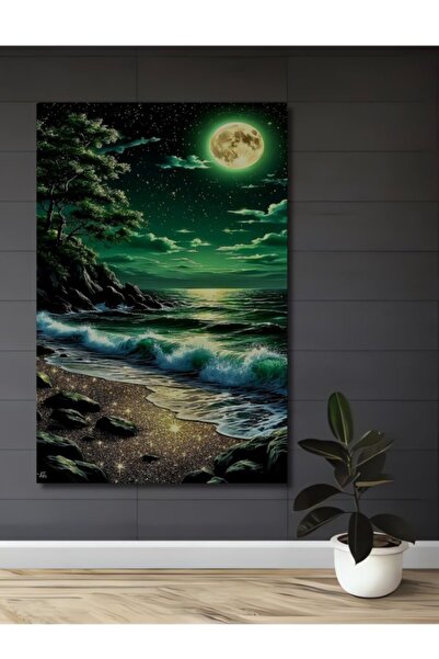 Teona Ahşap Διακοσμητικό ξύλινο τραπέζι με ελαιογραφία με θέα θάλασσας τη νύχ...