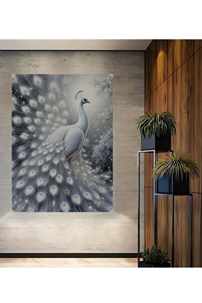 Teona Ahşap Μεγαλοπρεπής Λευκός Παγώνιος Ελαιογραφία με Ξύλινη Διακοσμητική Β...