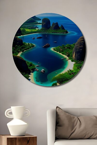 Teona Ahşap Στρογγυλό διακοσμητικό ξύλινο τραπέζι με ακουαρέλα σε στυλ Τροπικ...