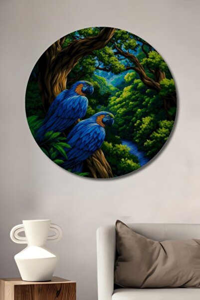 Teona Ahşap Στρογγυλό Ξύλινο Διακοσμητικό Τραπέζι με Ελαιογραφία σε Στυλ Μπλε...