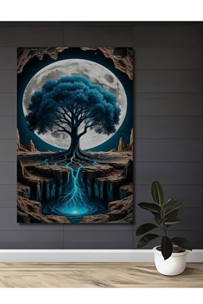 Teona Ahşap Μυστηριώδες Μπλε Δέντρο με Σκηνικό Πανσελήνου, Ξύλινο Διακοσμητικ...