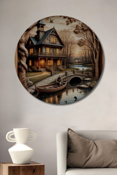 Teona Ahşap Στρογγυλό Ξύλινο Διακοσμητικό Τραπέζι με Σκαλιστό Σχέδιο Αγροτικο...