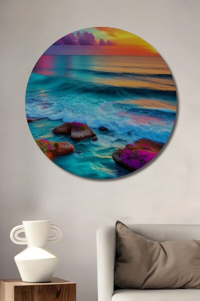 Teona Ahşap Στρογγυλό Ξύλινο Διακοσμητικό Πίνακα με Μαγικό Ηλιοβασίλεμα, Θαλα...
