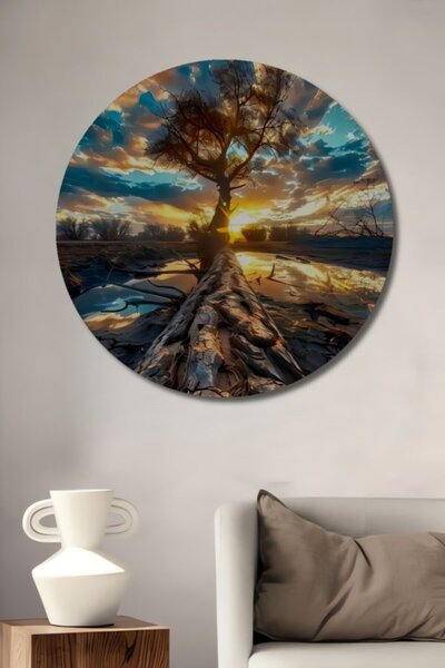 Teona Ahşap Στρογγυλό Ξύλινο Διακοσμητικό Τραπέζι με Μυστηριώδη Θέμα Ηλιοβασί...