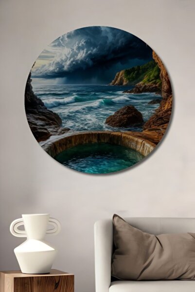 Teona Ahşap Στρογγυλό Ξύλινο Διακοσμητικό Πίνακα με Θέμα την Τοπία της Πισίνα...