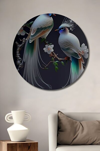 Teona Ahşap Στρογγυλό Ξύλινο Διακοσμητικό Πίνακα με Ακαρέα Φιγούρες Πουλιών σ...