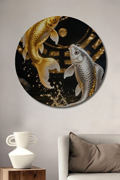 Teona Ahşap Στρογγυλό Ξύλινο Διακοσμητικό Τραπέζι με Χρυσά και Ασημένια Ψάρια...