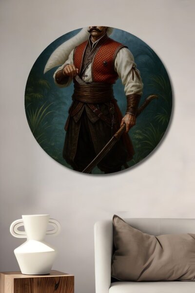 Teona Ahşap Στρογγυλό Ξύλινο Διακοσμητικό Τραπέζι με Ελαιογραφία Οθωμανικού Π...