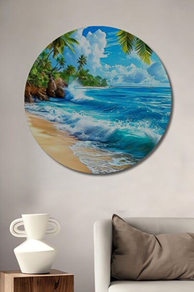 Teona Ahşap Στρογγυλό Ξύλινο Διακοσμητικό Τραπέζι με Τροπικό Παραθαλάσσιο Τοπ...