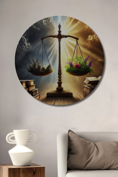 Teona Ahşap Στρογγυλή ζυγαριά δικαιοσύνης με ελαιογραφία, ξύλινη διακοσμητική...