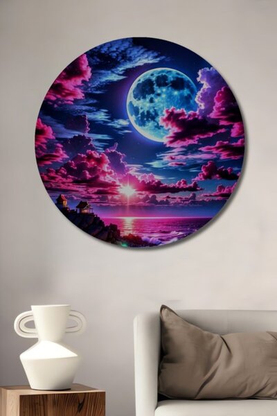 Teona Ahşap Στρογγυλό Ξύλινο Διακοσμητικό Τραπέζι με Ελαιογραφία με θέμα το Φ...