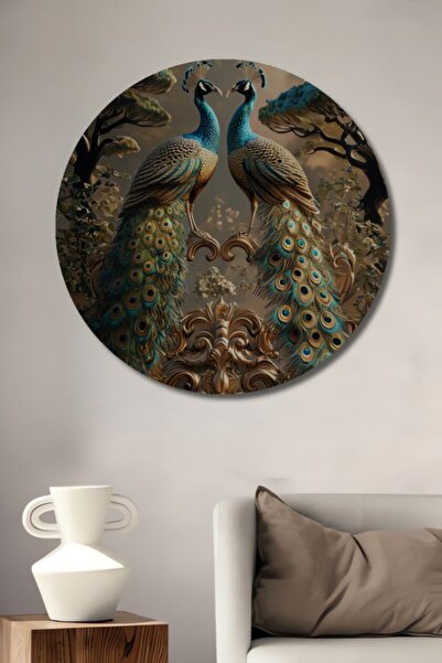 Teona Ahşap Στρογγυλό, εξαιρετικό ζευγάρι παγώνια, ξύλινο διακοσμητικό τραπέζ...