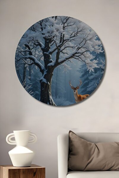 Teona Ahşap Ξύλινο διακοσμητικό τραπέζι με ελάφια και δέντρα σε στρογγυλό χει...