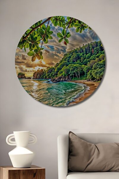 Teona Ahşap Στρογγυλό Ξύλινο Διακοσμητικό Τραπέζι με Ελαιογραφία Τροπικού Παρ...