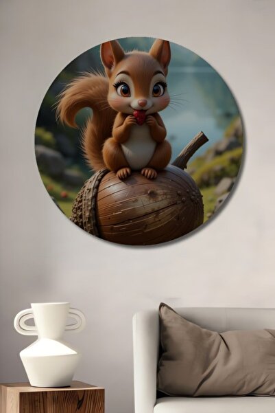 Teona Ahşap Στρογγυλό Ξύλινο Διακοσμητικό Τραπέζι με Χαριτωμένο Σκίουρο και Γ...