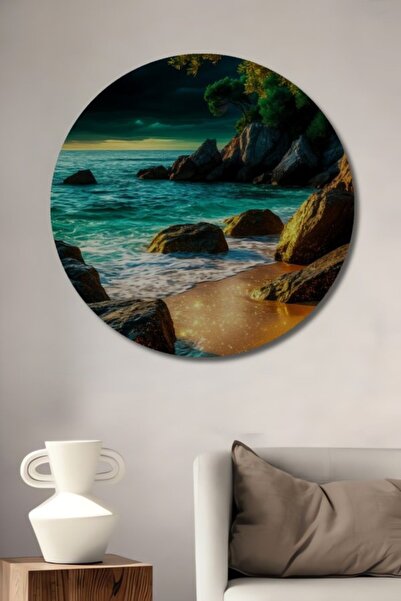 Teona Ahşap Στρογγυλό Ξύλινο Διακοσμητικό Τραπέζι με Θέα Θάλασσας και Ακουαρέ...