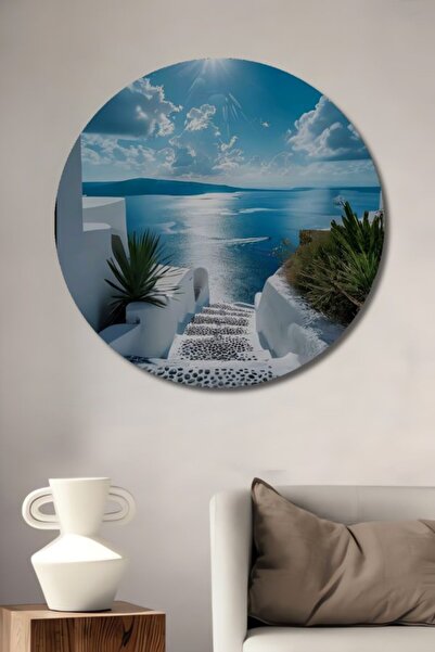 Teona Ahşap Στρογγυλό Ξύλινο Διακοσμητικό Τραπέζι με Θέμα την Ηλιόλουστη Θάλα...