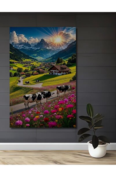 Teona Ahşap Διακοσμητικό ξύλινο πίνακα με ελαιογραφία με αγελάδες που τρώνε γ...
