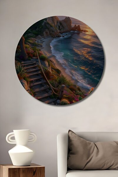 Teona Ahşap Στρογγυλό Ξύλινο Διακοσμητικό Τραπέζι με Θέμα Ηλιοβασίλεμα και Θέ...