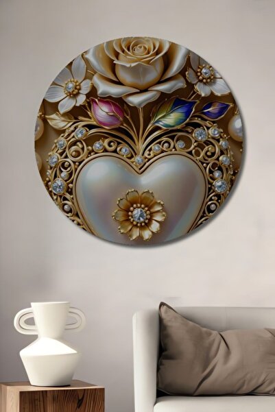 Teona Ahşap Στρογγυλό Ξύλινο Διακοσμητικό Τραπέζι με Χρυσό Τριαντάφυλλο και Κ...