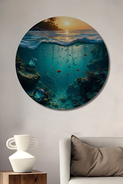 Teona Ahşap Στρογγυλό Ξύλινο Διακοσμητικό Τραπέζι με Ελαιογραφία Τροπικού Υπο...