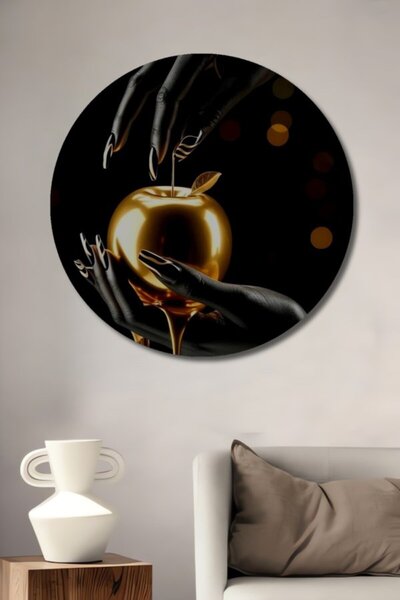 Teona Ahşap Στρογγυλό Ξύλινο Διακοσμητικό Τραπέζι με Χρυσό Μήλο και Μαύρα Χέρ...