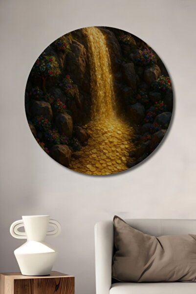 Teona Ahşap Στρογγυλό Ξύλινο Διακοσμητικό Τραπέζι με Θέμα Χρυσό Καταρράκτη κα...