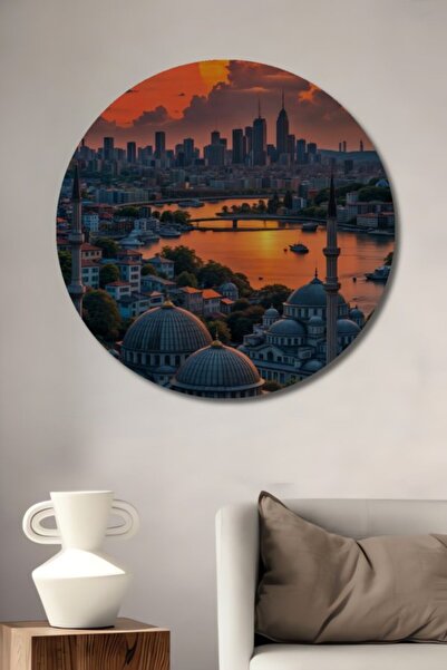 Teona Ahşap Στρογγυλό Ξύλινο Διακοσμητικό Τραπέζι με Ελαιογραφία Θέας της Κων...