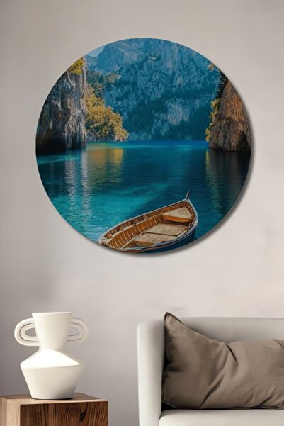 Teona Ahşap Στρογγυλό ξύλινο τραπέζι με θέα στο σκάφος, μπλε λίμνη, ακουαρέλα...