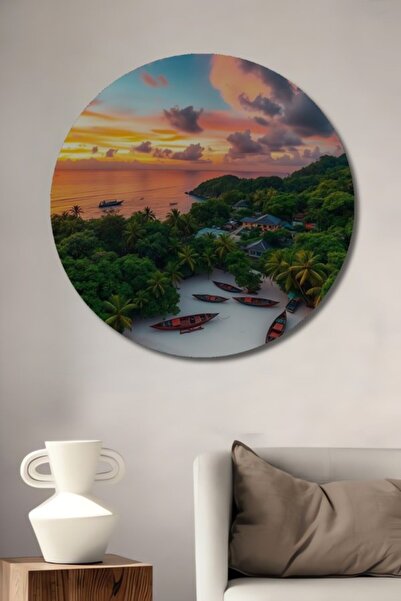 Teona Ahşap Στρογγυλό Ξύλινο Διακοσμητικό Τραπέζι με θέμα το Τροπικό Παραθαλά...