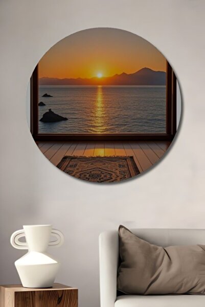 Teona Ahşap Στρογγυλό Ξύλινο Διακοσμητικό Τραπέζι με Θέμα Ηλιοβασίλεμα και Θα...