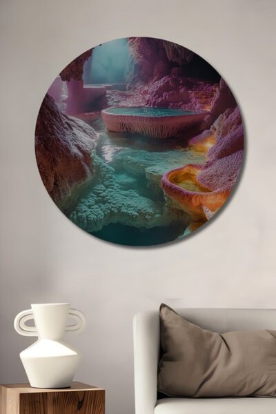 Teona Ahşap Στρογγυλό Ξύλινο Διακοσμητικό Τραπέζι με Ακουαρέλα Στυλ Μυστηριώδ...