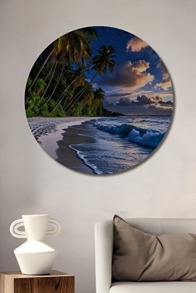 Teona Ahşap Στρογγυλό Ξύλινο Διακοσμητικό Τραπέζι με Ελαιογραφία Τροπικής Νυχ...