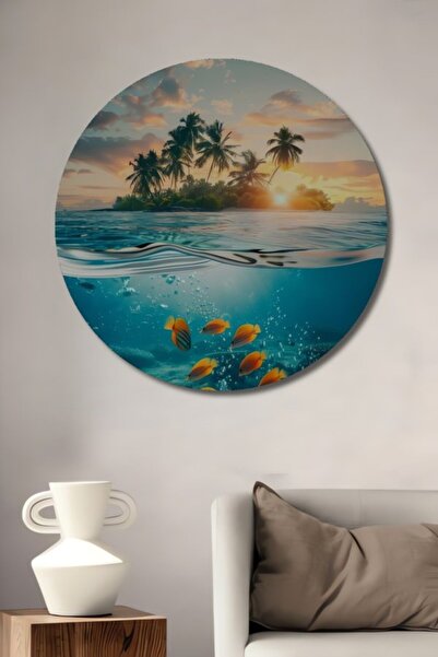 Teona Ahşap Στρογγυλό Ξύλινο Διακοσμητικό Τραπέζι με Ελαιογραφία με θέμα το Τ...